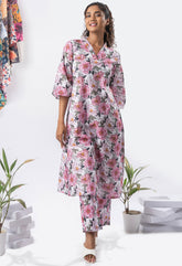 White Pure Cotton Printed A-Line Dress with Pants GulaboSitabo