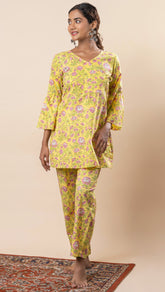 Yellow Printed Pure Cotton Angrakha Co-ord Set