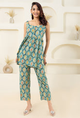 Mint Floral Grid Printed Pure Cotton Sleevelss Co-ord Set GulaboSitabo