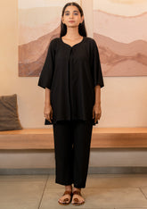 Black Box Pleated with Sweetheart Neck-Line Flared Solid Top GulaboSitabo