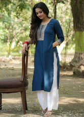 Sapphire Straight Fit Kurti with Thread Embroidered Neckline and Sleeves