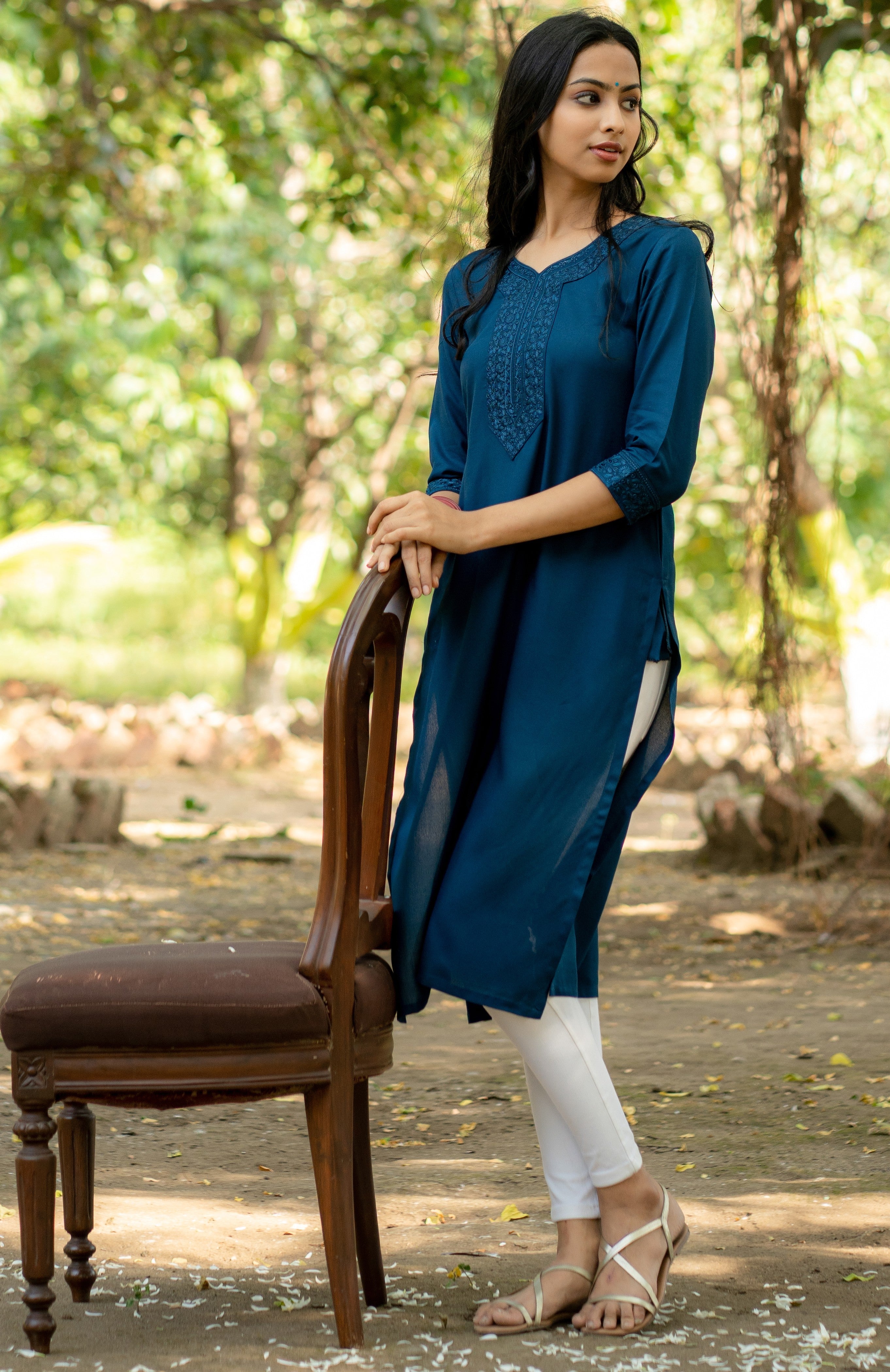 Sapphire Straight Fit Kurti with Embroidered Neckline and Sleeves GulaboSitabo