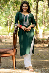 Green Straight Kurti with Kashmiri Embroidered Neckline And Sleeve