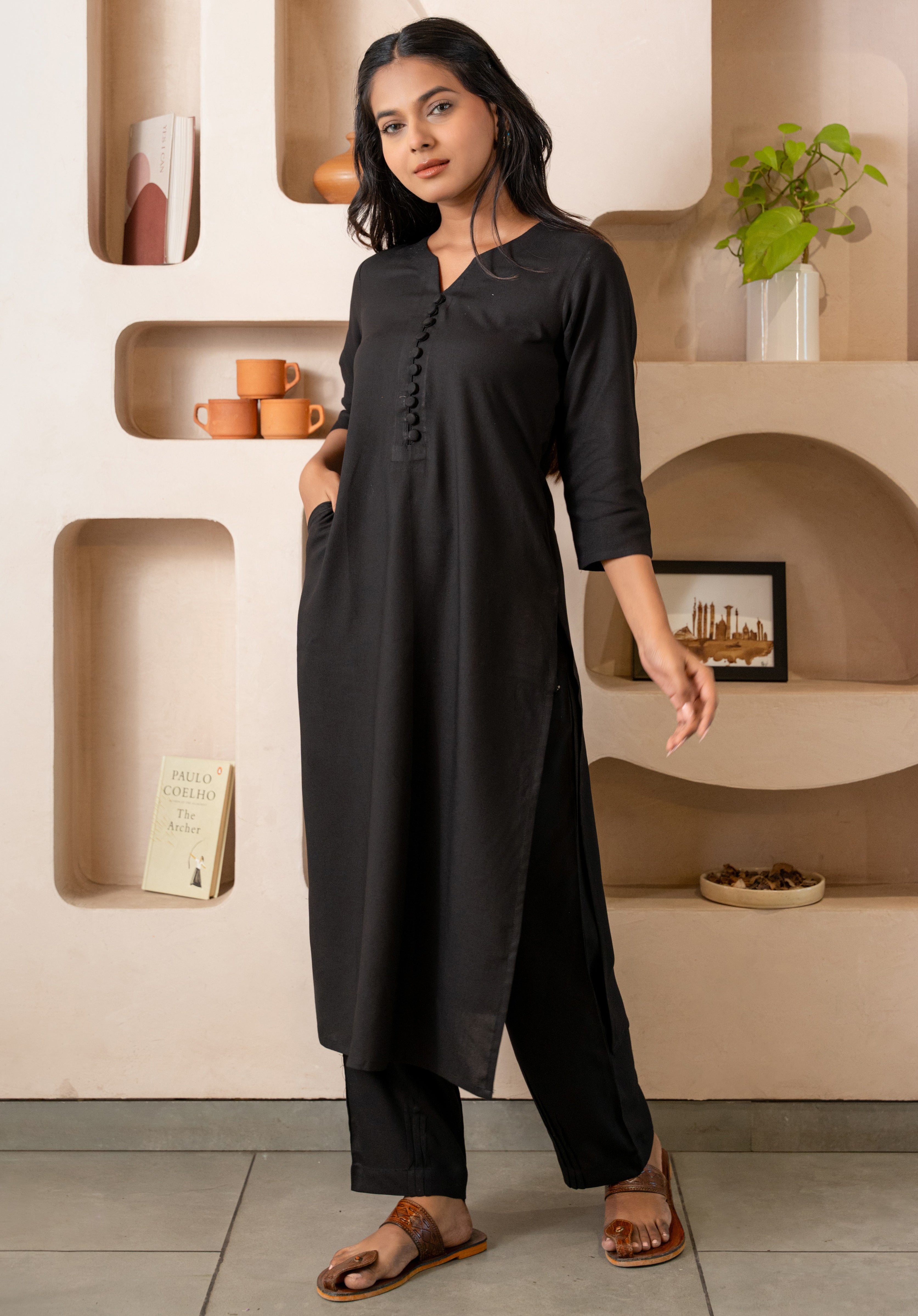 Black Notched Neck with Button loops highlights Straight Fit Kurta Set GulaboSitabo