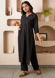 Black Notched Neck with Button loops highlights Straight Fit Kurta Set