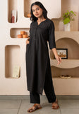 Black Notched Neck with Button loops highlights Straight Fit Kurta Set GulaboSitabo