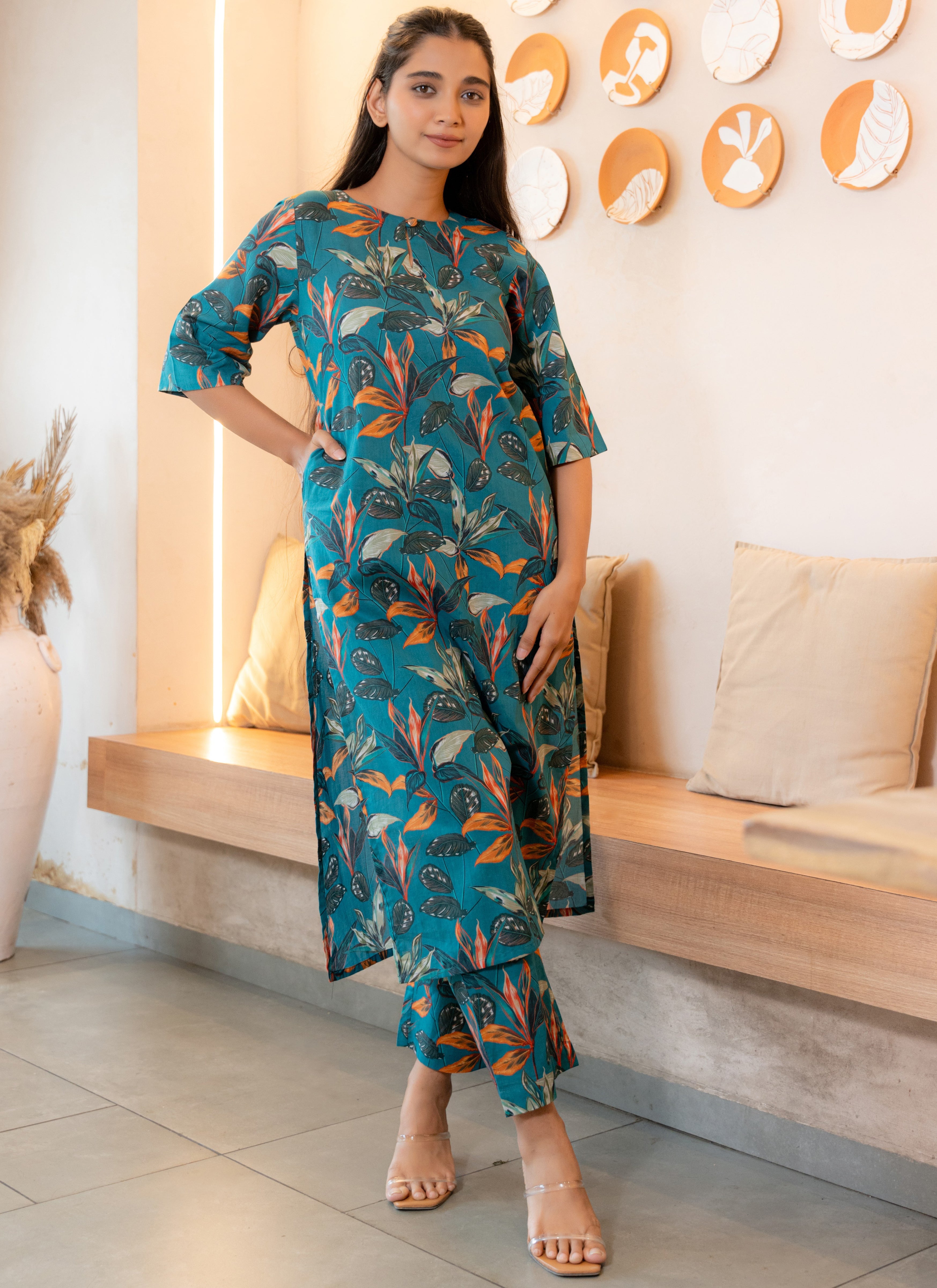 Notched Neck Printed Teal Pure Cotton Kurta Set GulaboSitabo