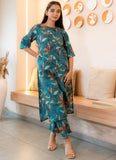 Notched Neck Printed Teal Pure Cotton Kurta Set