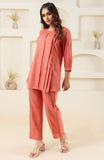Peach Pleated Flared Solid Co-ord Set