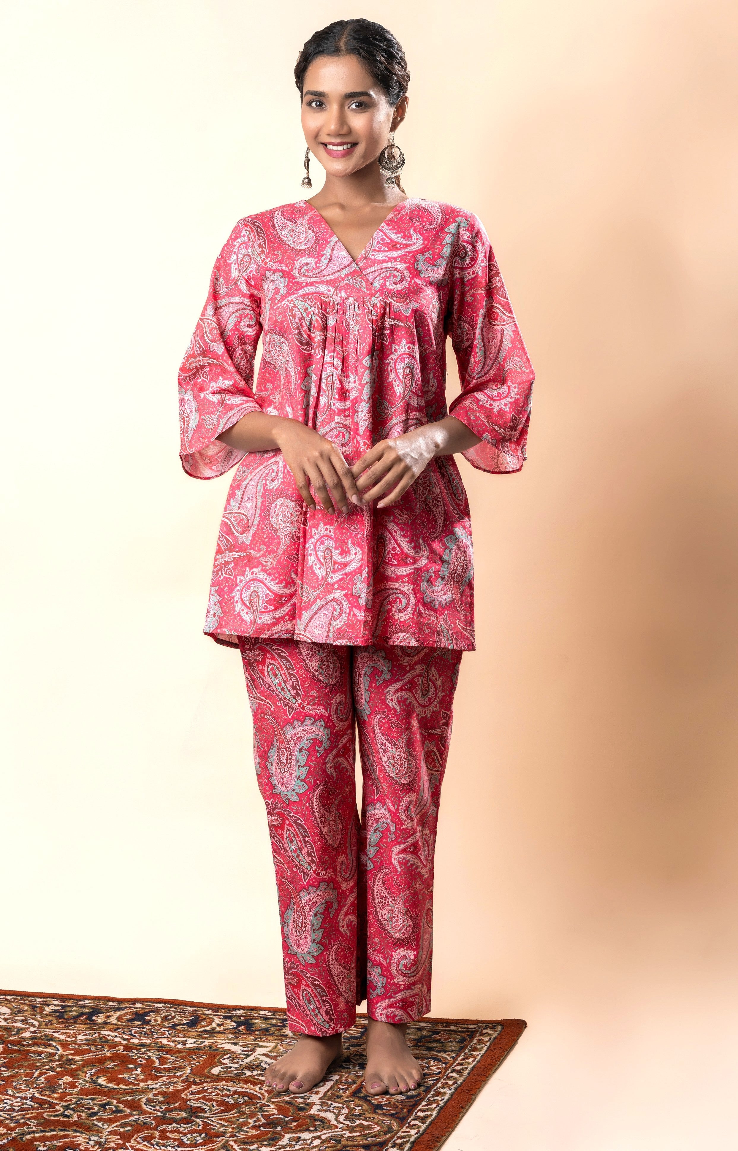 Pink Printed Pure Cotton A-Line Flared Co-ord Set GulaboSitabo