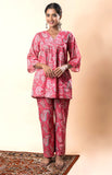 Pink Printed Pure Cotton A-Line Flared Co-ord Set GulaboSitabo