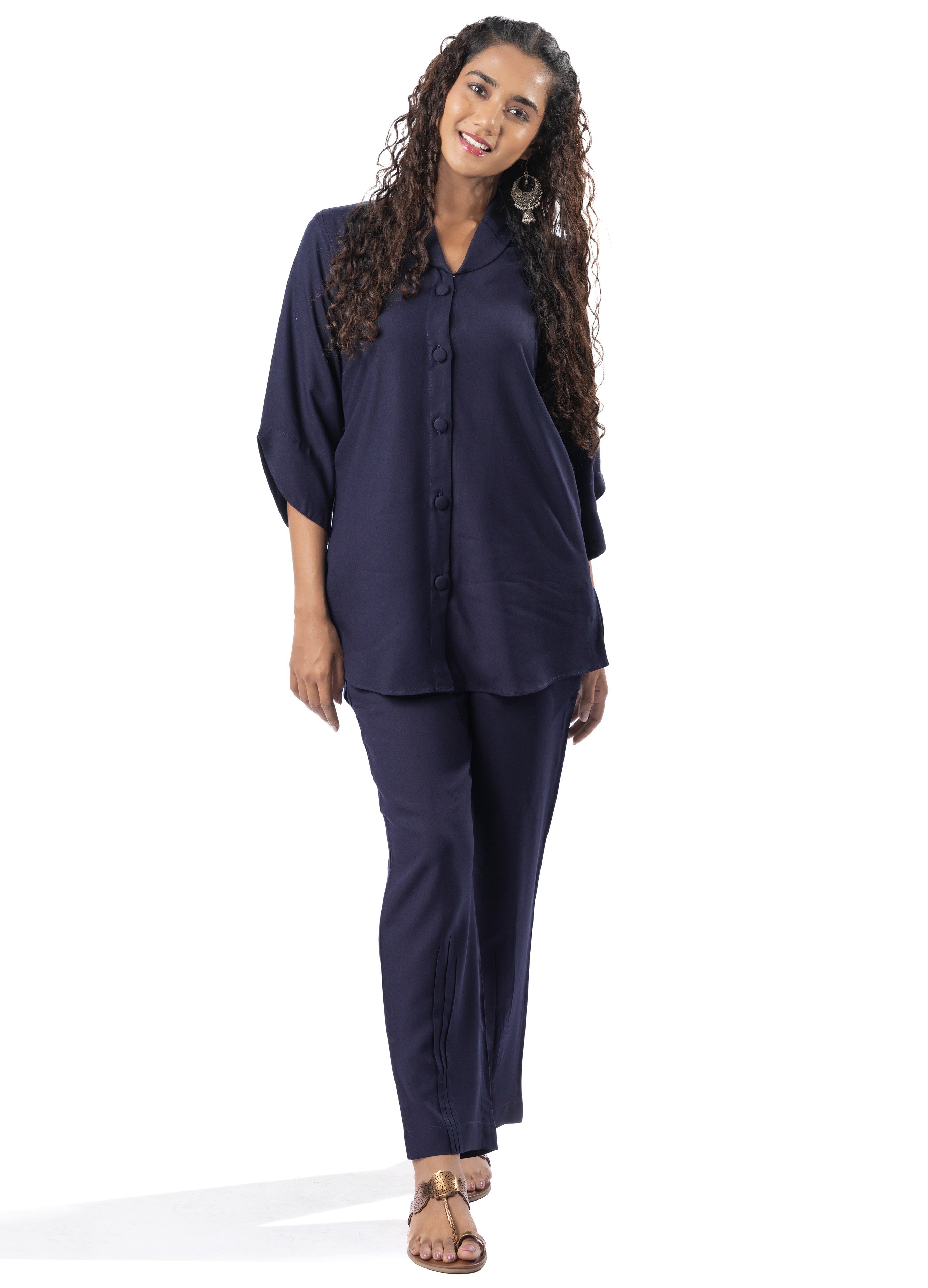 Navy Blue Shawl Collar Co-ord Set with Curved Sleeves GulaboSitabo