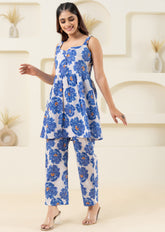 White Floral Printed Pure Cotton Sleevelss Co-ord Set
