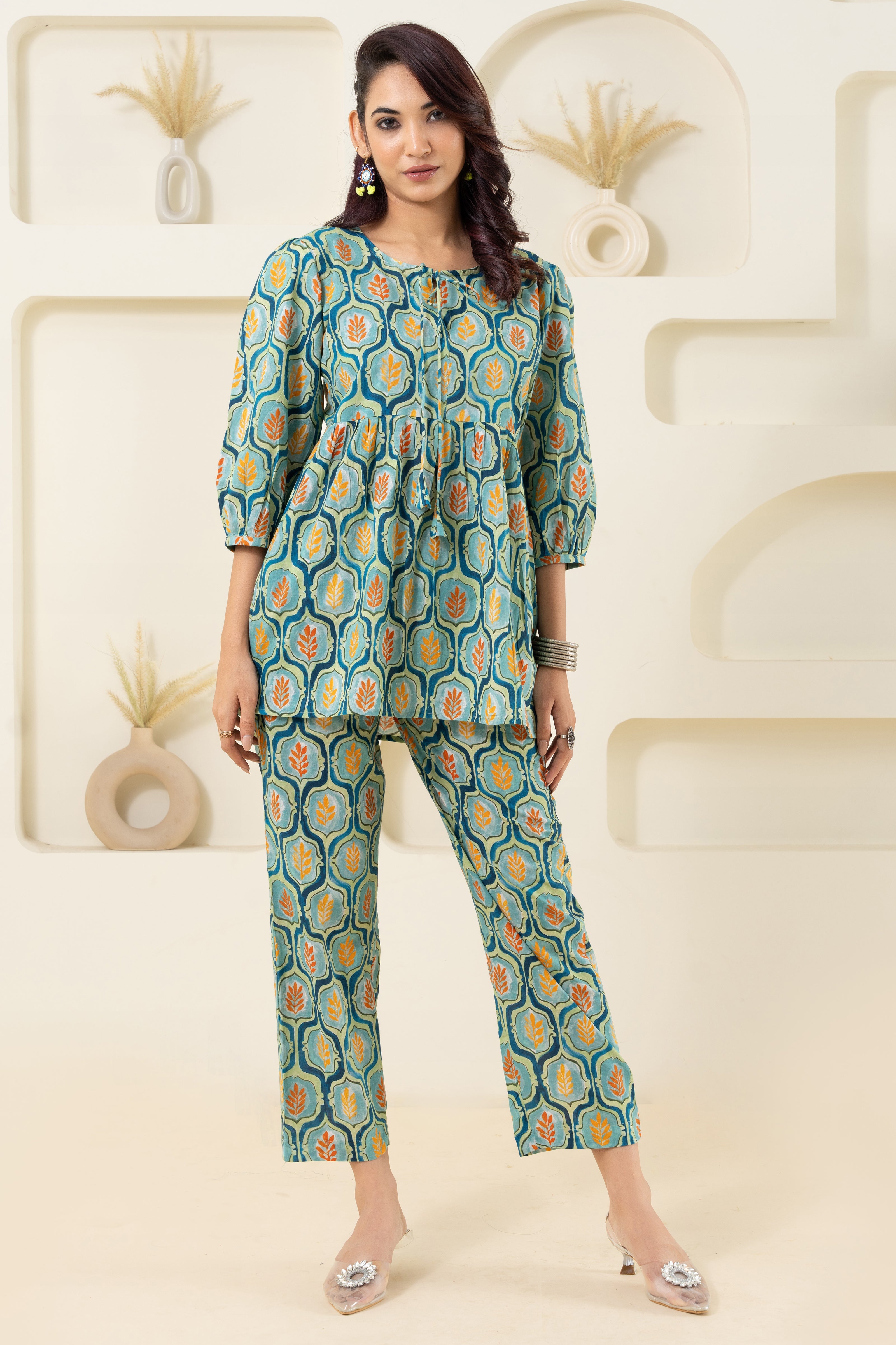 Mint Floral Grid Printed Pure Cotton Co-ord Set GulaboSitabo