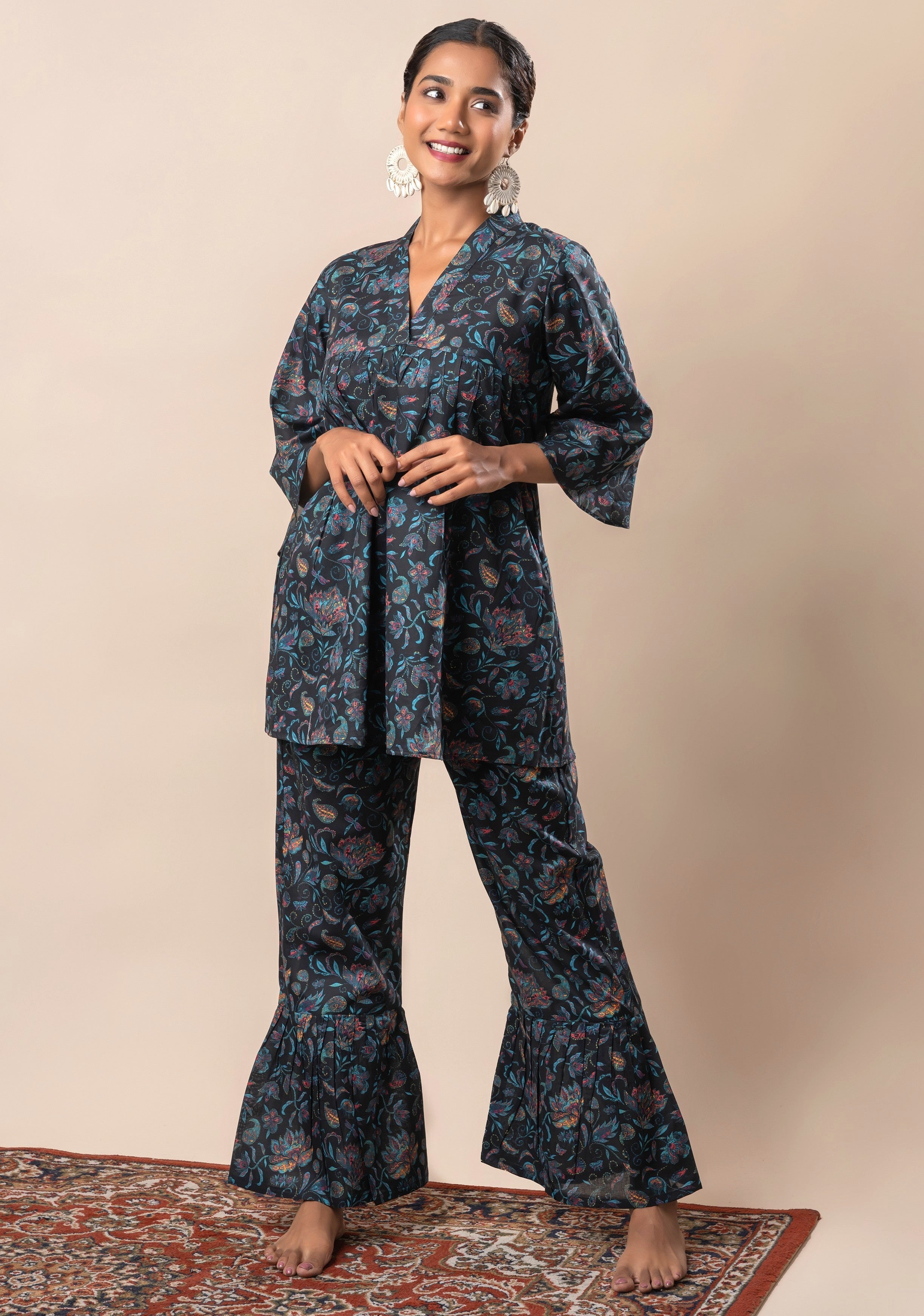 Black Floral Jaal Printed Pure Cotton V Neck Flared Co-ord Set GulaboSitabo