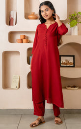 Maroon Notched Neck with Button Loops Straight Kurta Set GulaboSitabo