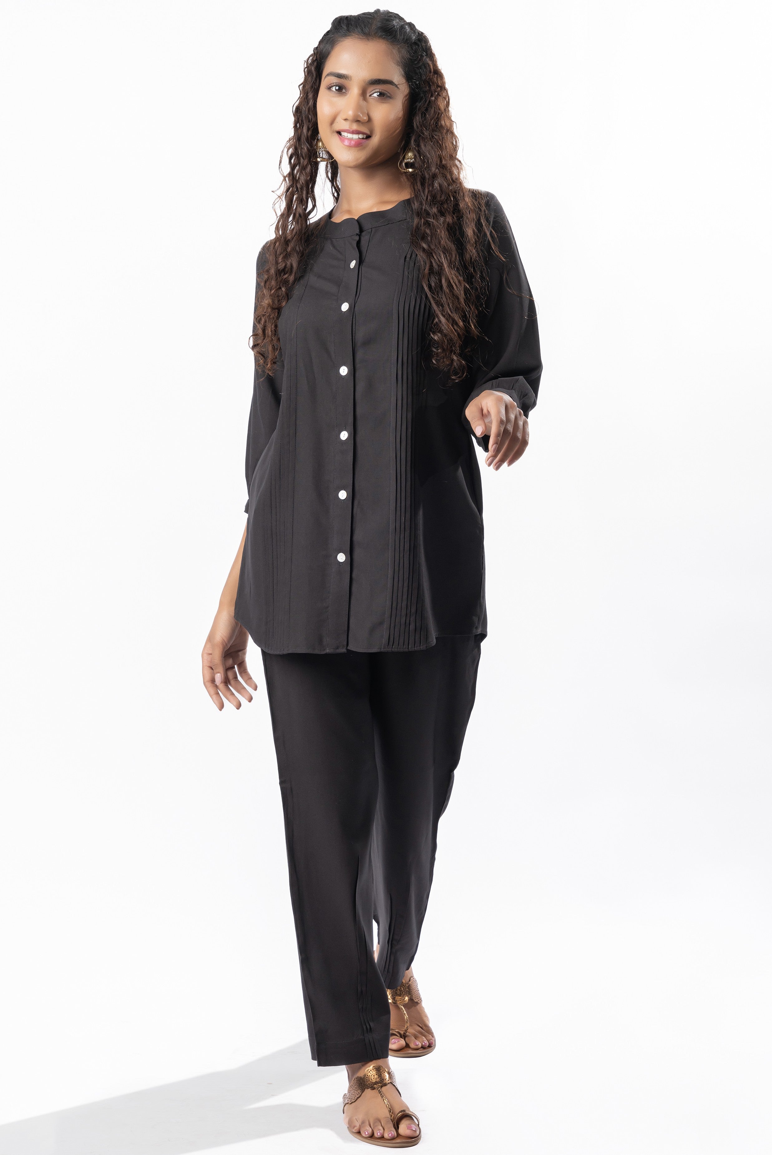 Black Pleated Band Collar Straight Fit Co-ord Set GulaboSitabo