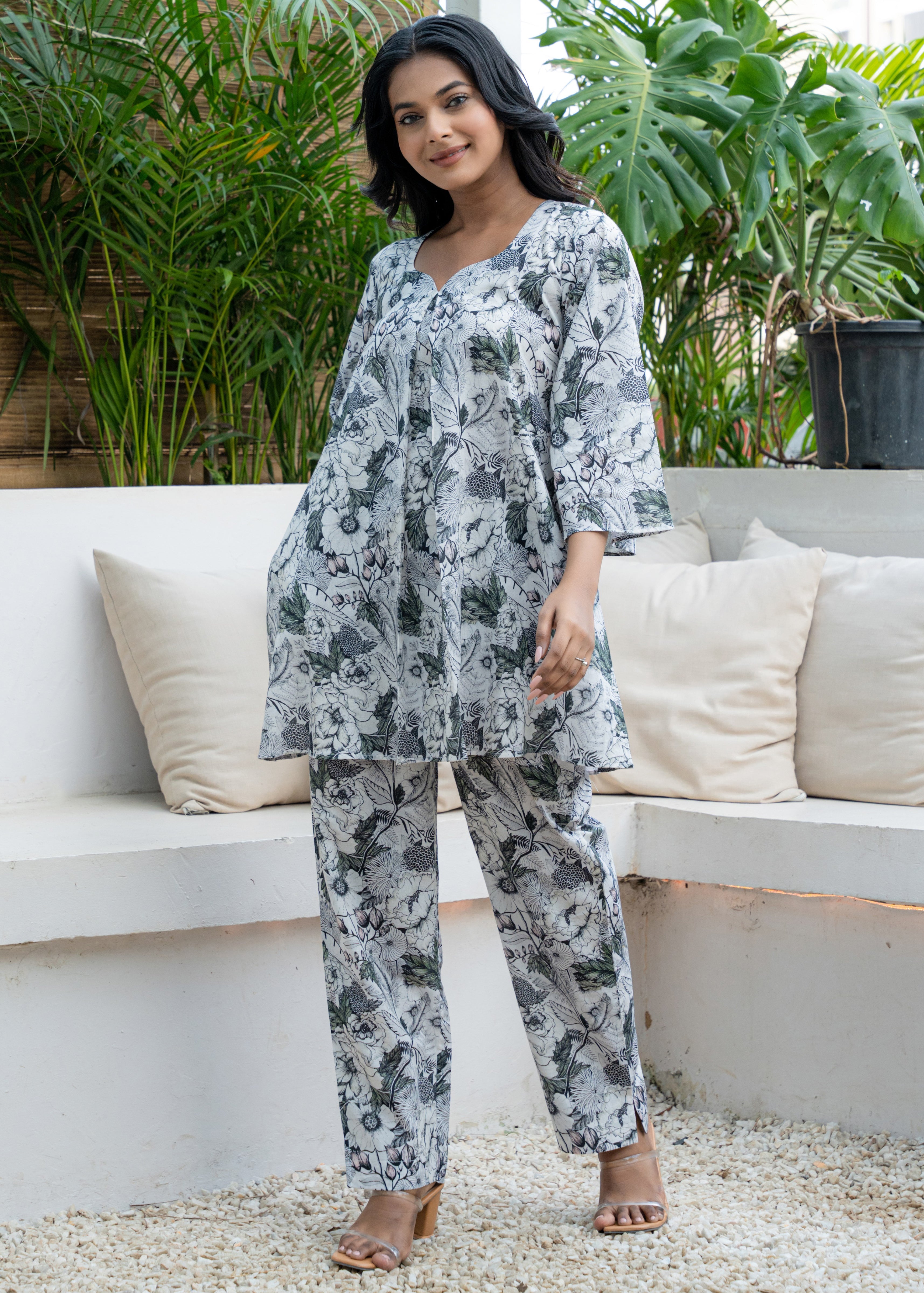 Box Pleated Floral Printed Sweetheart Neckline Pure Cotton Flared Co-ord Set GulaboSitabo