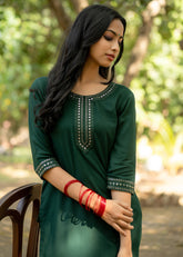 Green Straight Kurti with Mirror and Thread Embroidered Neckline And Sleeve GulaboSitabo