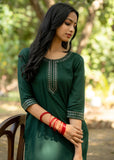 Green Straight Kurti with Mirror and Thread Embroidered Neckline And Sleeve
