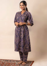 Purple Printed Pure Cotton A Line Flared Dress GulaboSitabo