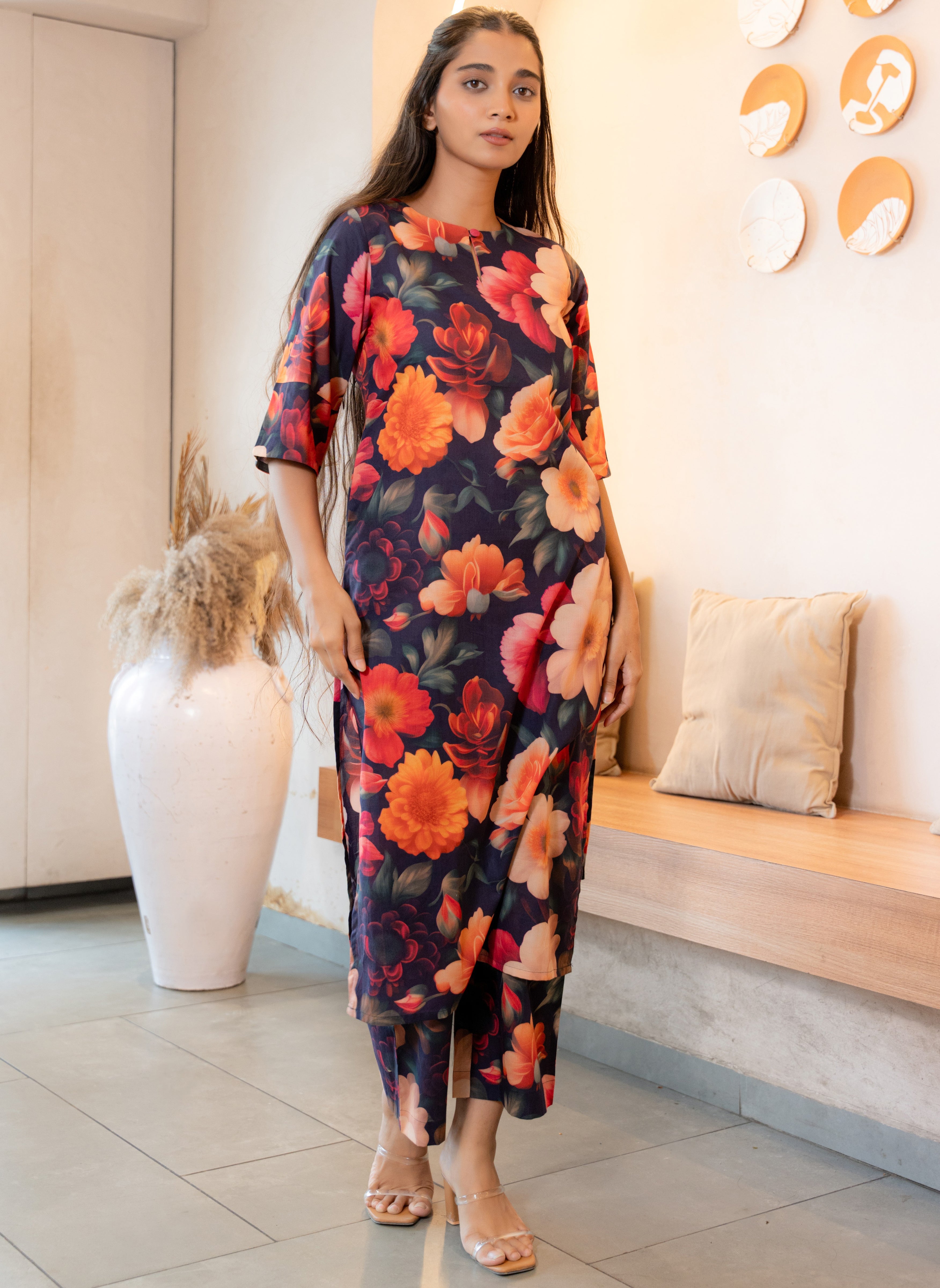 Notched Neck Floral Printed Pure Cotton Straight Kurta Set GulaboSitabo