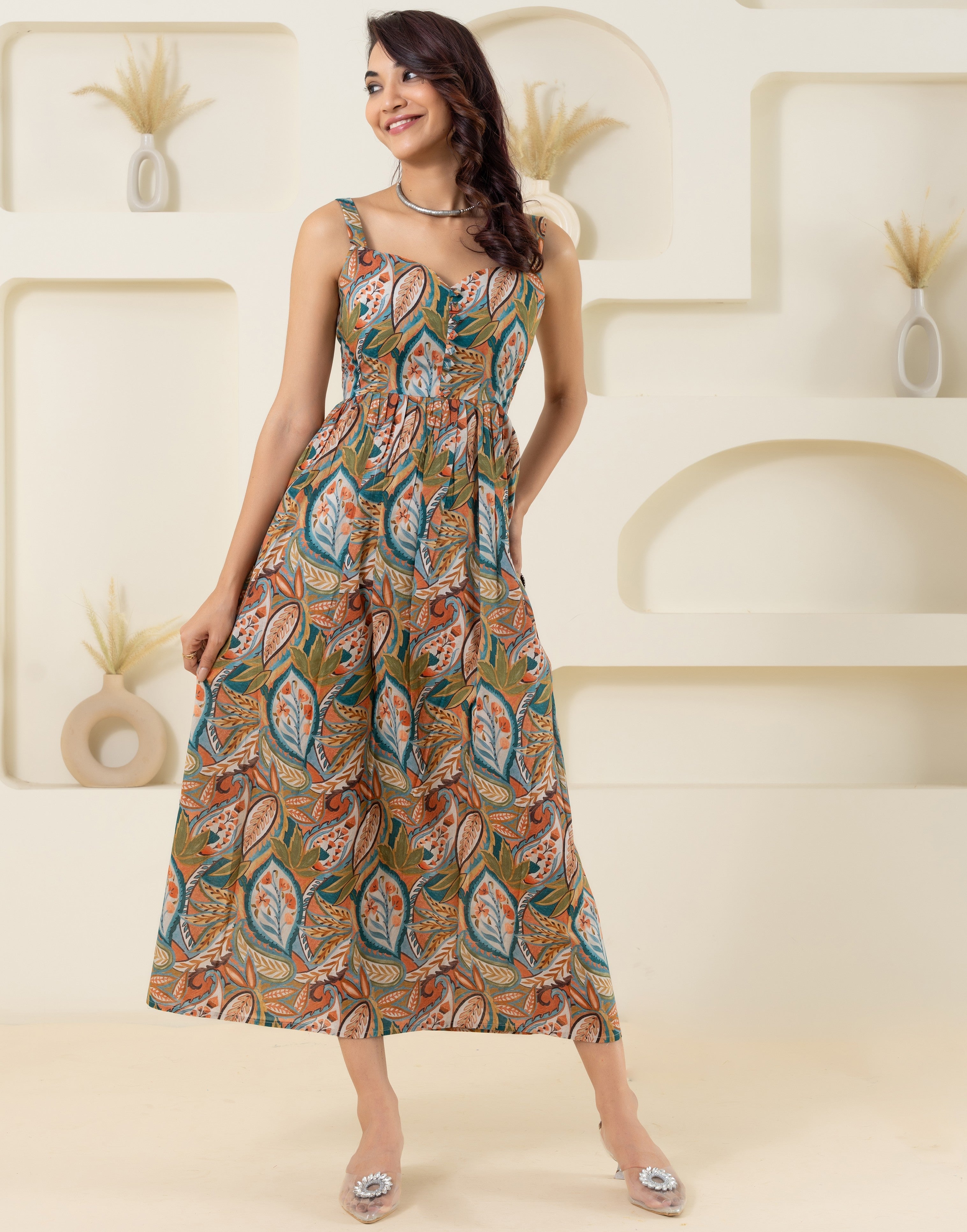 Olive Sleeveless Pure Cotton Printed Sweet Heart Dress GulaboSitabo