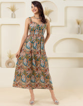 Olive Sleeveless Pure Cotton Printed Sweet Heart Dress