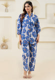 White Floral Printed Pure Cotton Stand Collar Co-ord Set GulaboSitabo
