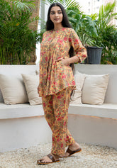 Pleats and Prints- Yellow Pure Cotton Buttoned down Co-ord Set