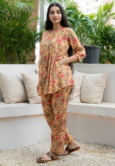 Pleats and Prints- Yellow Pure Cotton Buttoned down Co-ord Set GulaboSitabo