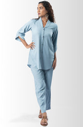 Light Blue Shawl Collar Co-ord Set with Curved Sleeves GulaboSitabo