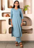 Light Blue Notched Neck with button loops Straight Kurta Set GulaboSitabo