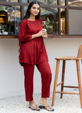 Maroon Pleated Band Collar Flared Co-ord Set