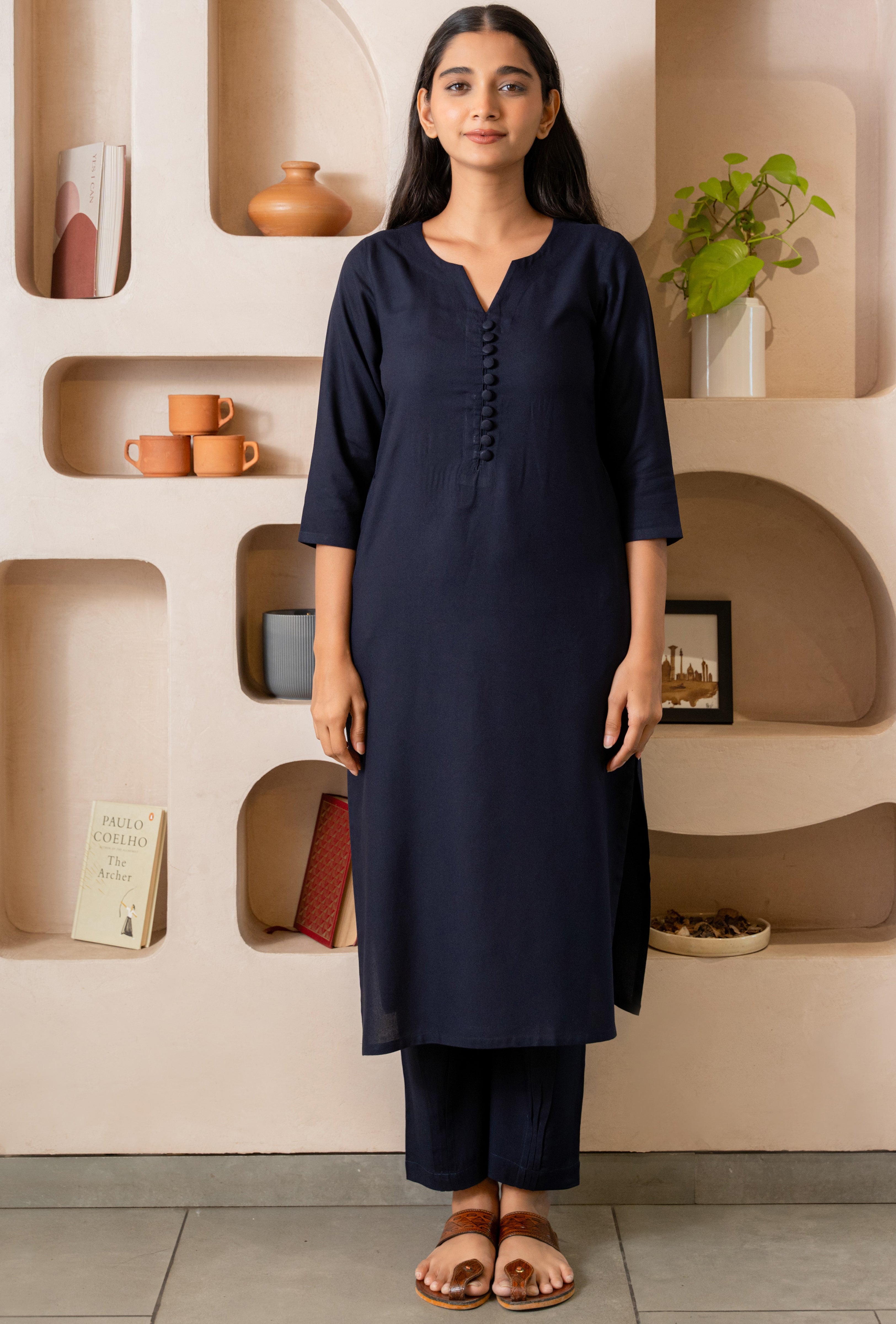 Navy Blue Notched Neck with Button Loops Straight Kurta Set GulaboSitabo