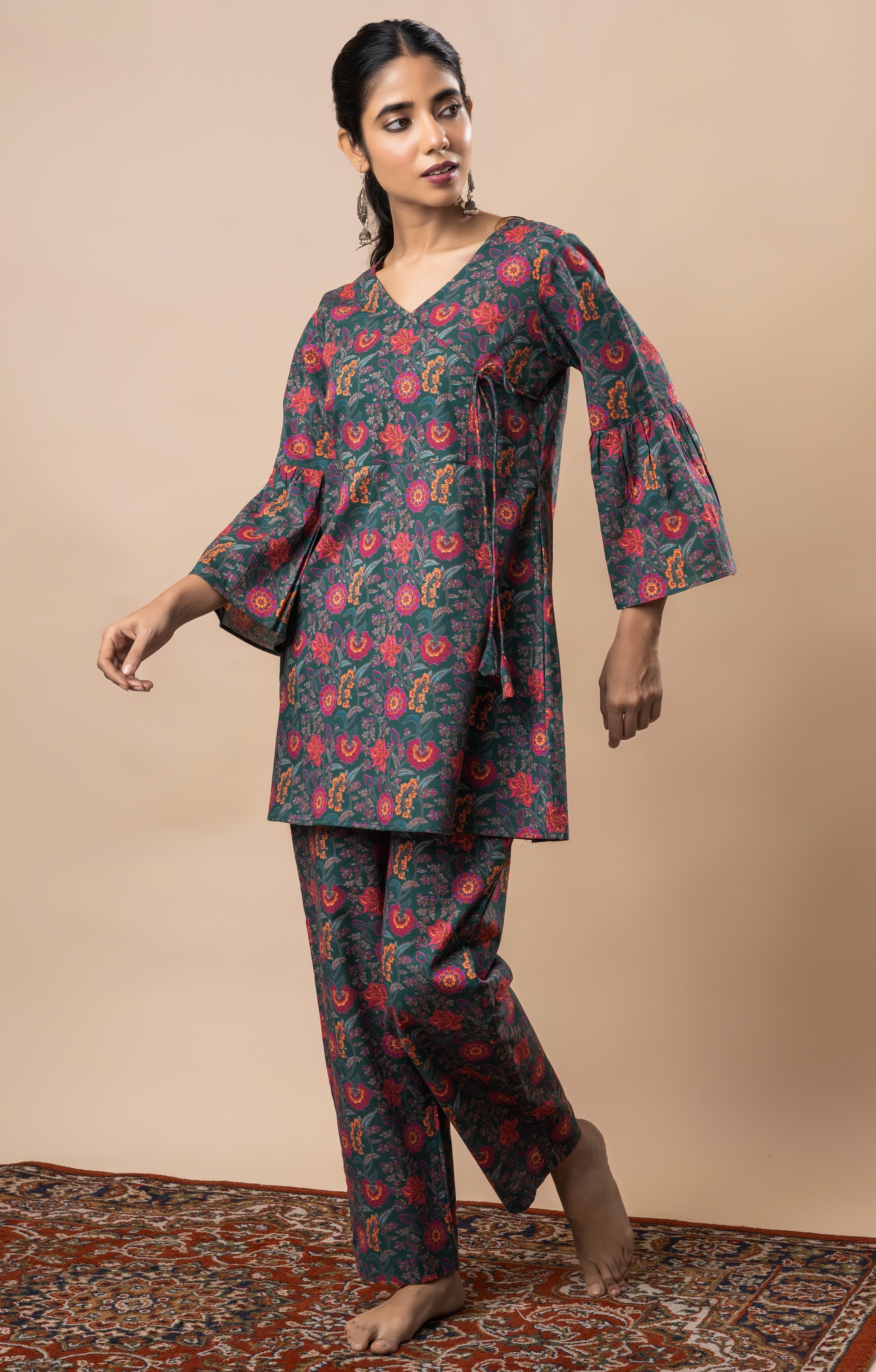 Green Block Printed Floral Pure Cotton Angrakha Co-ord Set GulaboSitabo