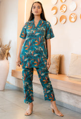 Teal Bold Floral Printed Buttoned Down Pure Cotton Co-ord Set GulaboSitabo