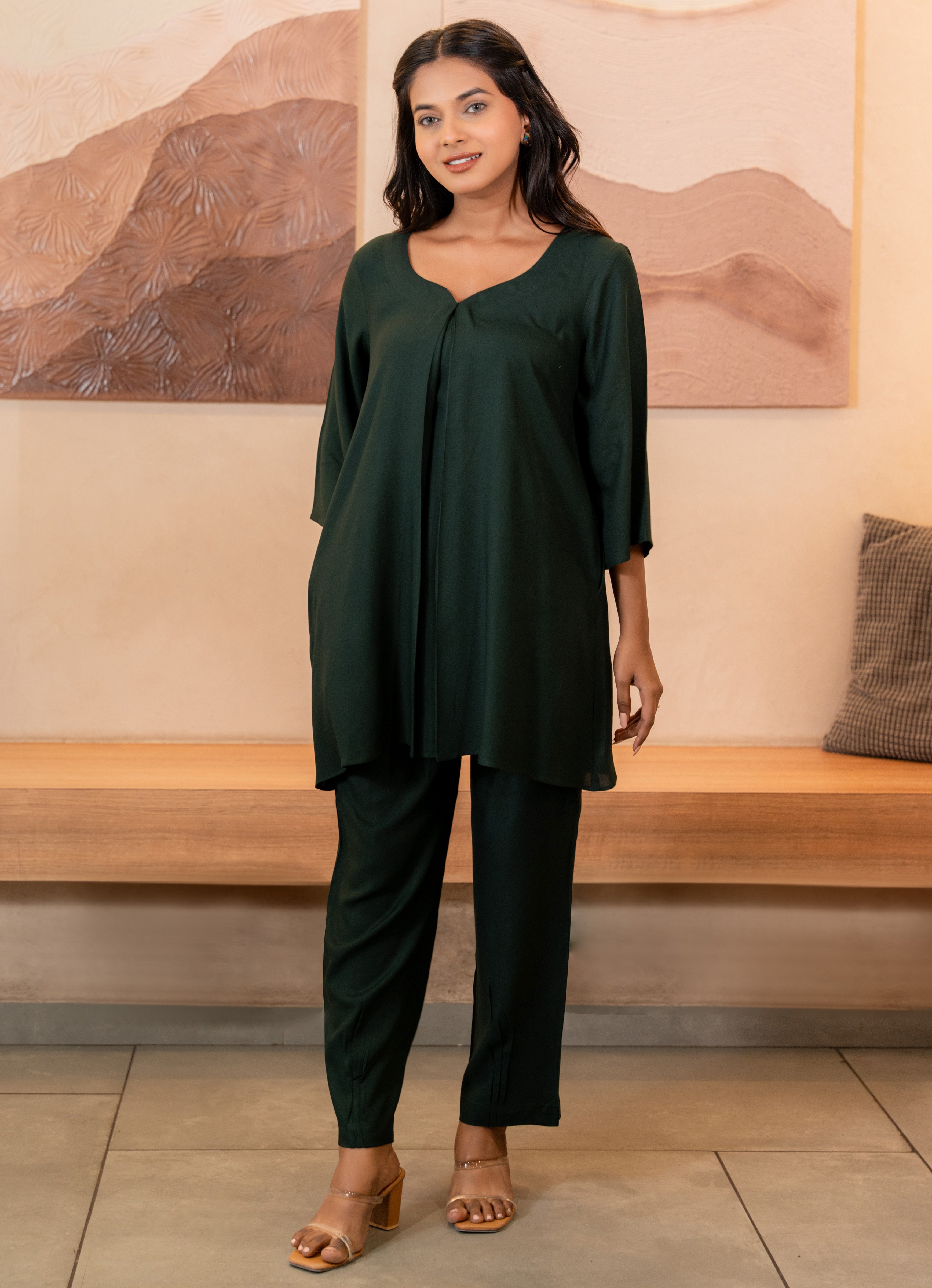 Green Sweetheart Neck with Flared Sleeve Co-Ord Set GulaboSitabo