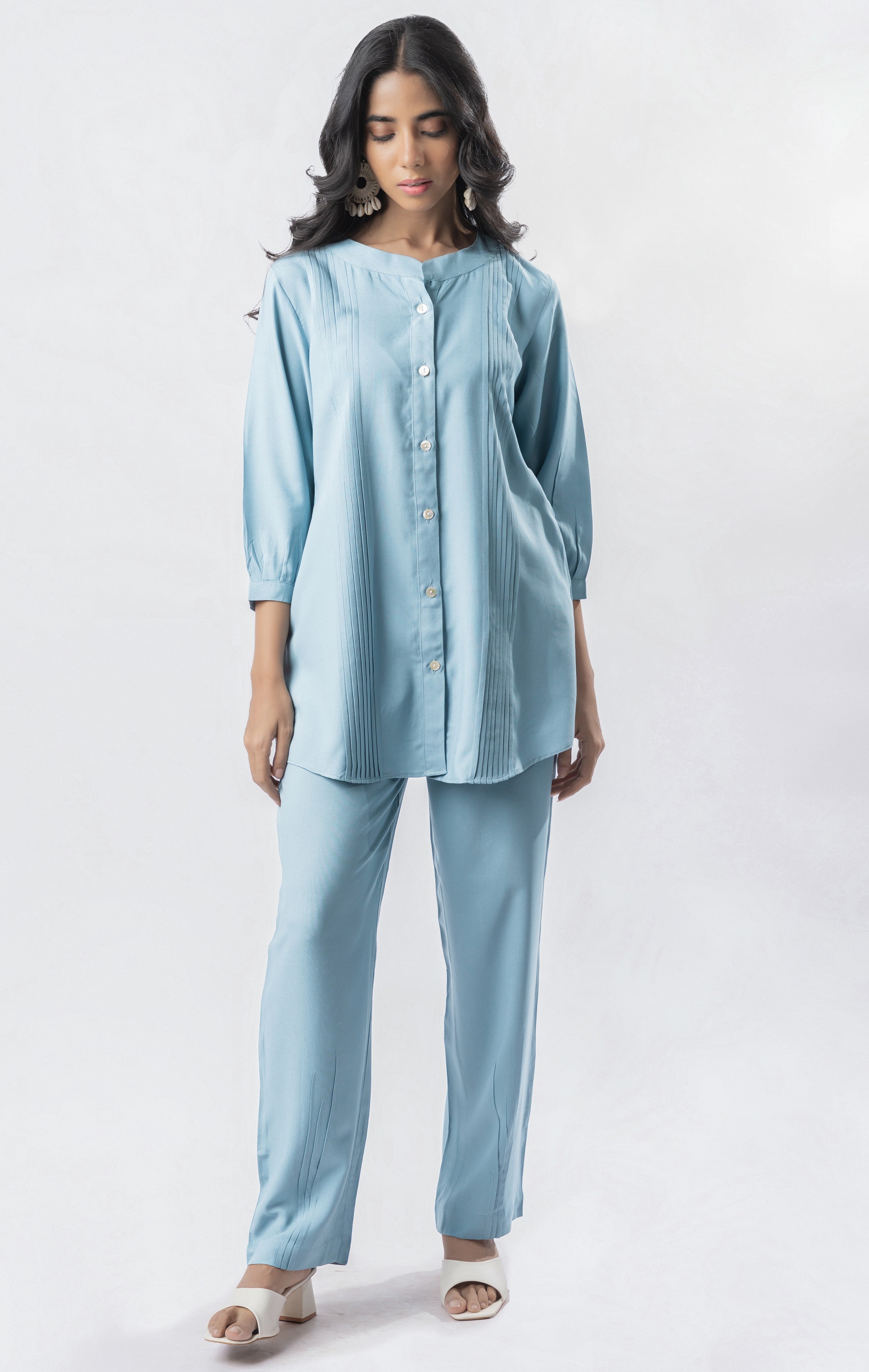 Light Blue Pleated Band Collar Straight Fit Co-ord Set GulaboSitabo