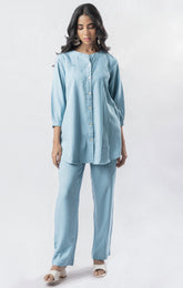 Light Blue Pleated Band Collar Straight Fit Co-ord Set