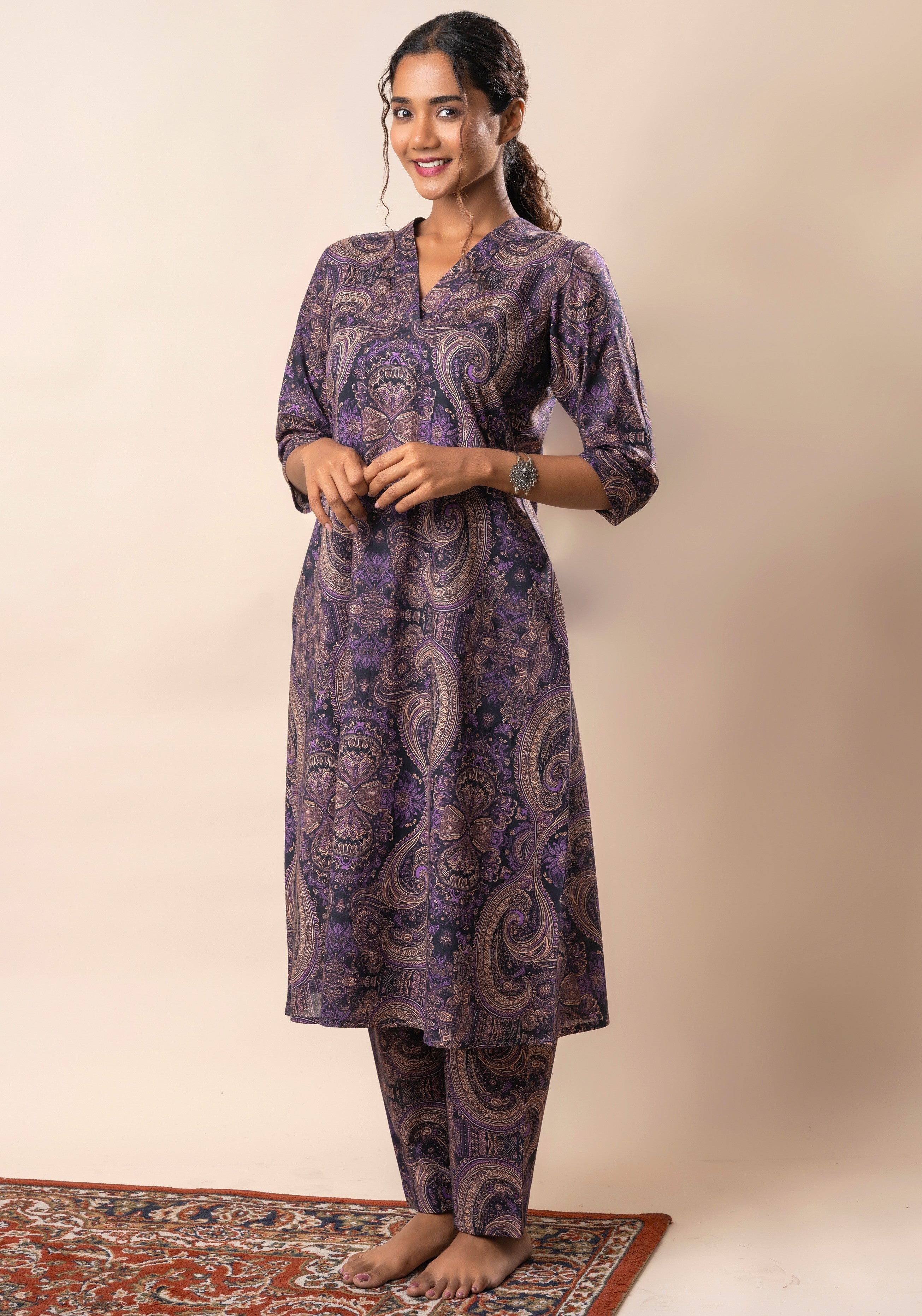 Purple Printed Pure Cotton A Line Flared Dress with Pants GulaboSitabo