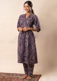 Purple Printed Pure Cotton A Line Flared Dress with Pants GulaboSitabo