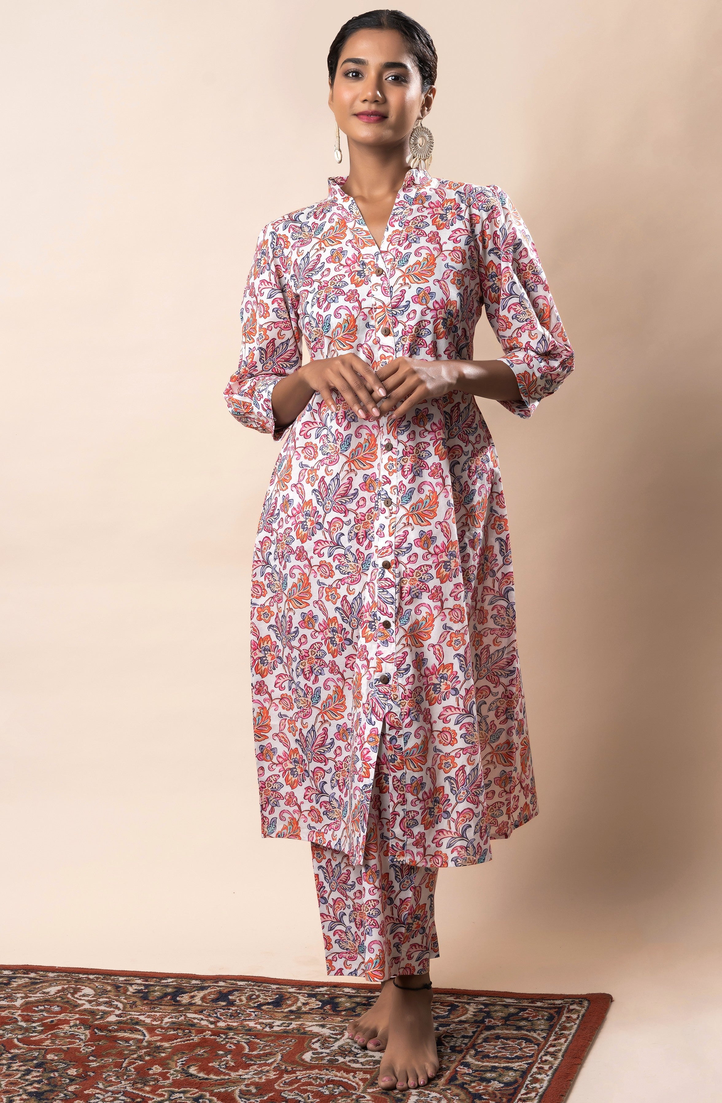 White Front Slit Flared Pure Cotton Printed Kurta Set GulaboSitabo