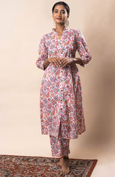 White Front Slit Flared Pure Cotton Printed Kurta Set