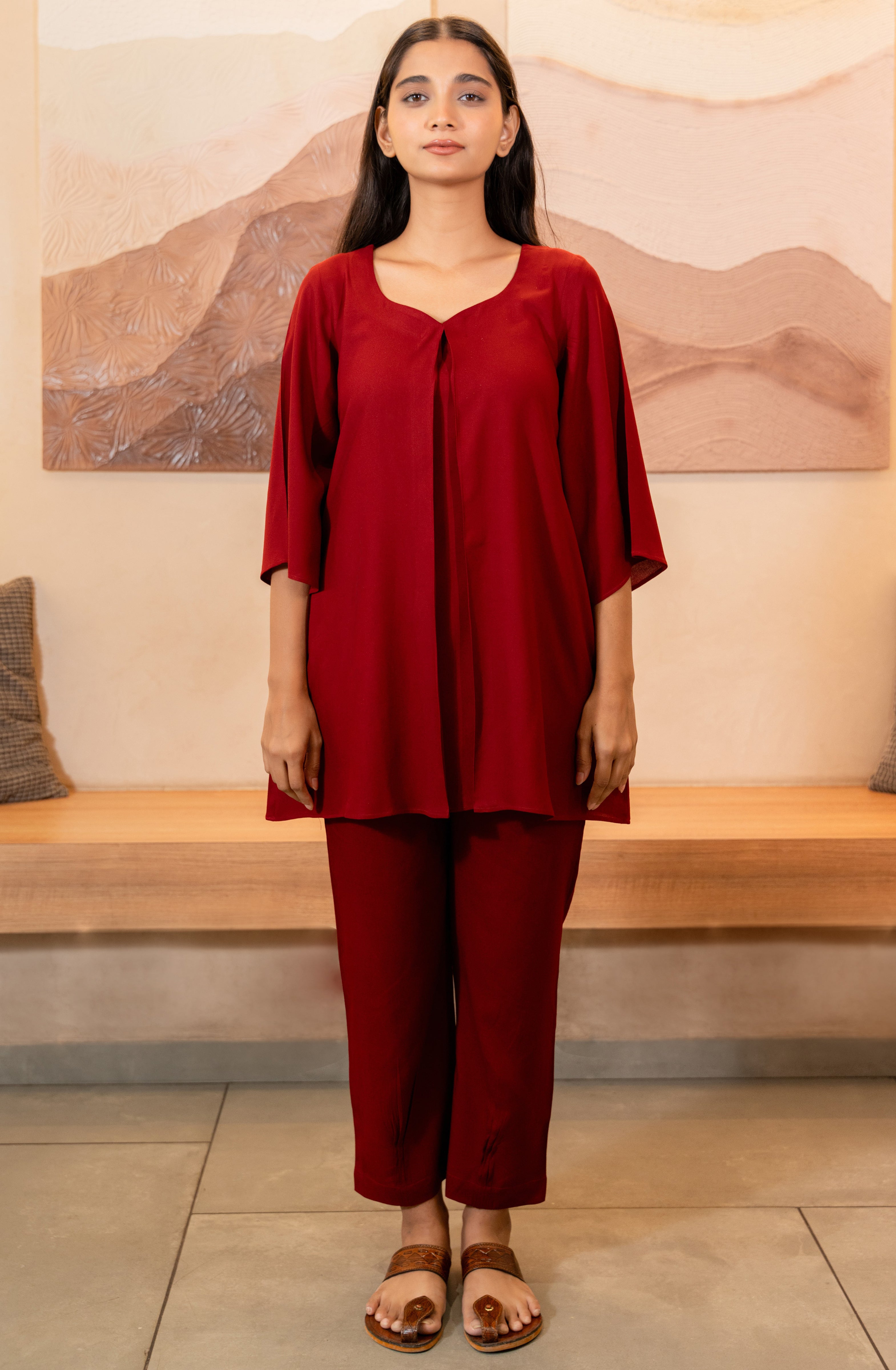 Maroon Box Pleated Sweet Heart Neckline Flared Co-ord Set GulaboSitabo