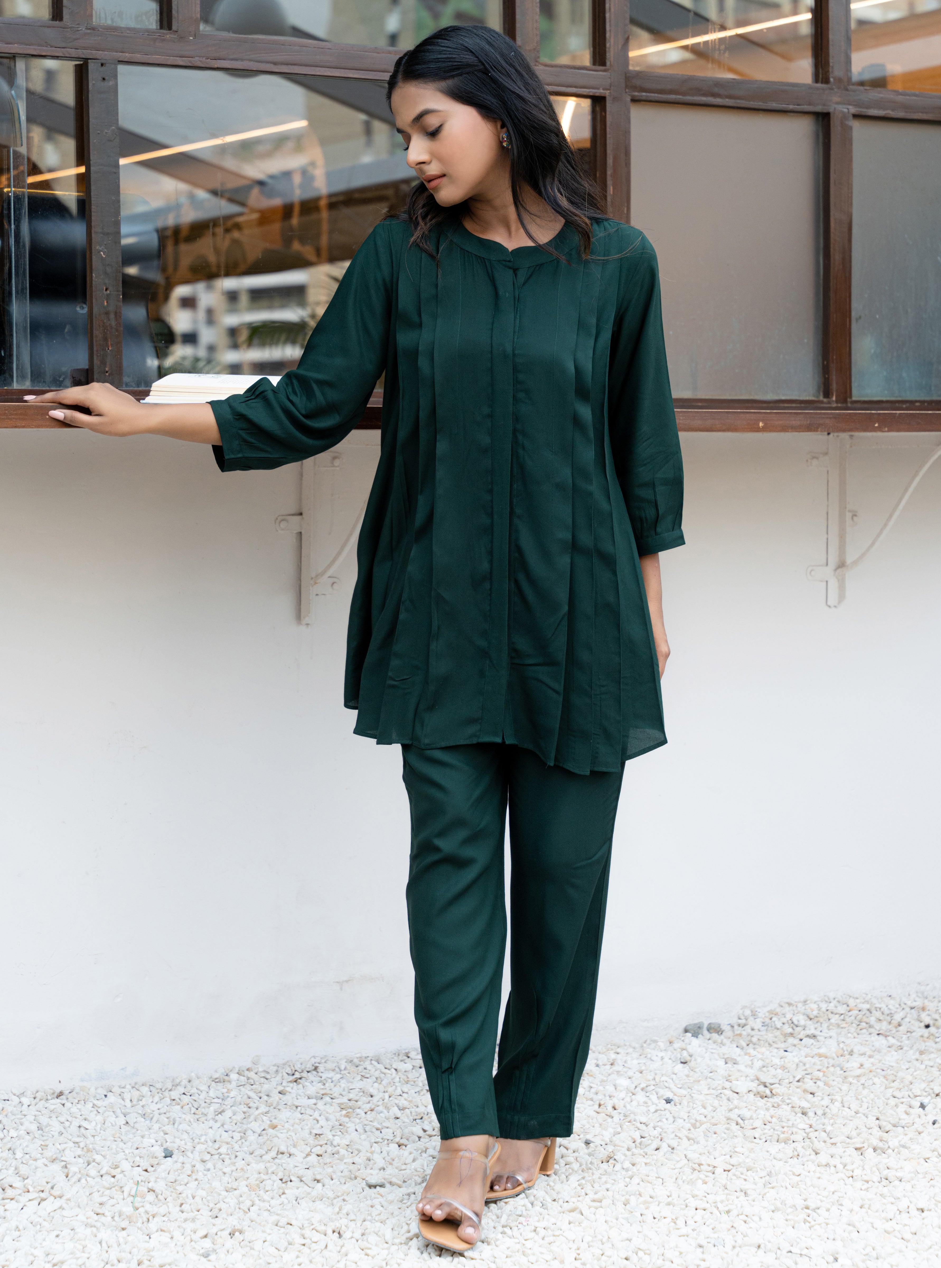 Green Pleated Band Collar Flared Co-ord Set GulaboSitabo
