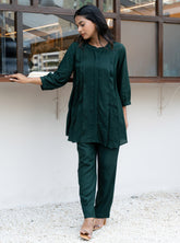 Green Pleated Band Collar Flared Co-ord Set GulaboSitabo
