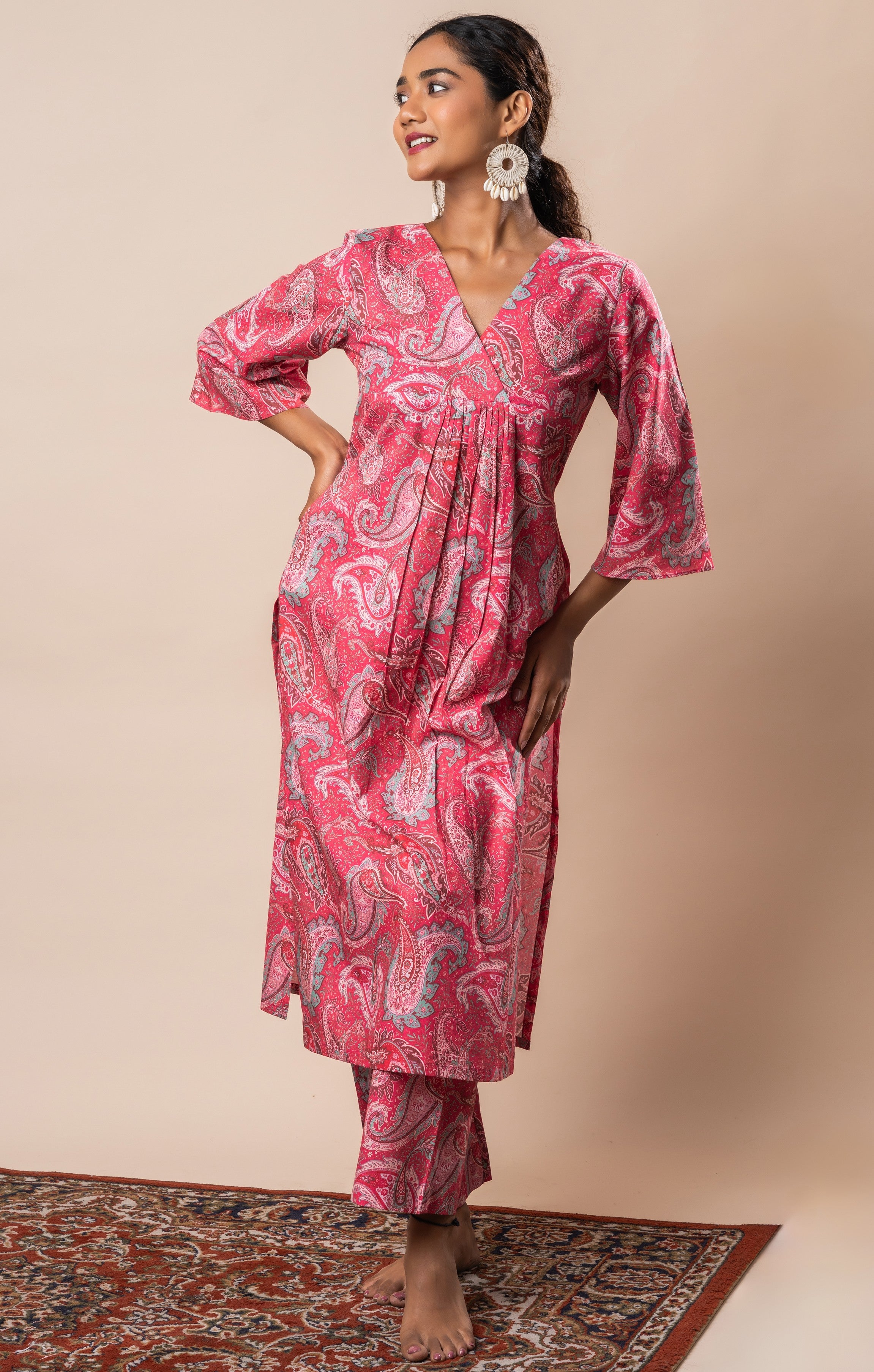 Pink Printed Pure Cotton A-Line Flared Kurti GulaboSitabo