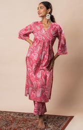 Pink Printed Pure Cotton A-Line Flared Kurti