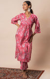 Pink Printed Pure Cotton A-Line Flared Kurti